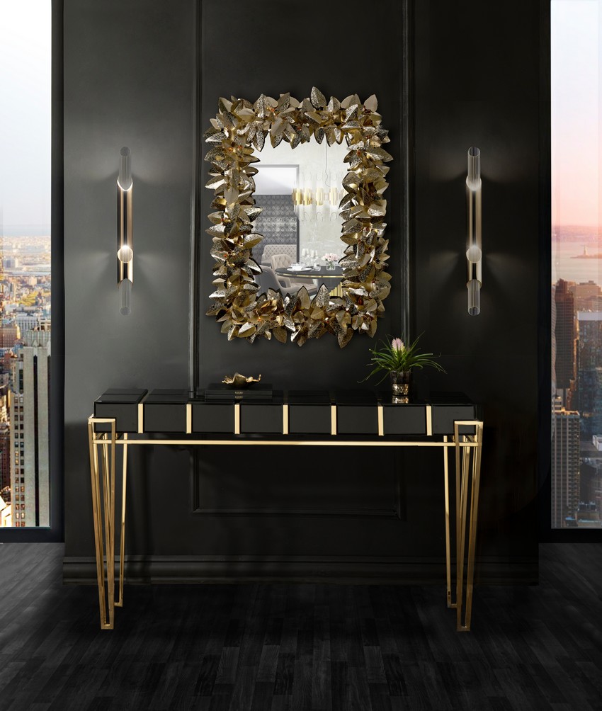 entryway design with a luxury console table and mirror