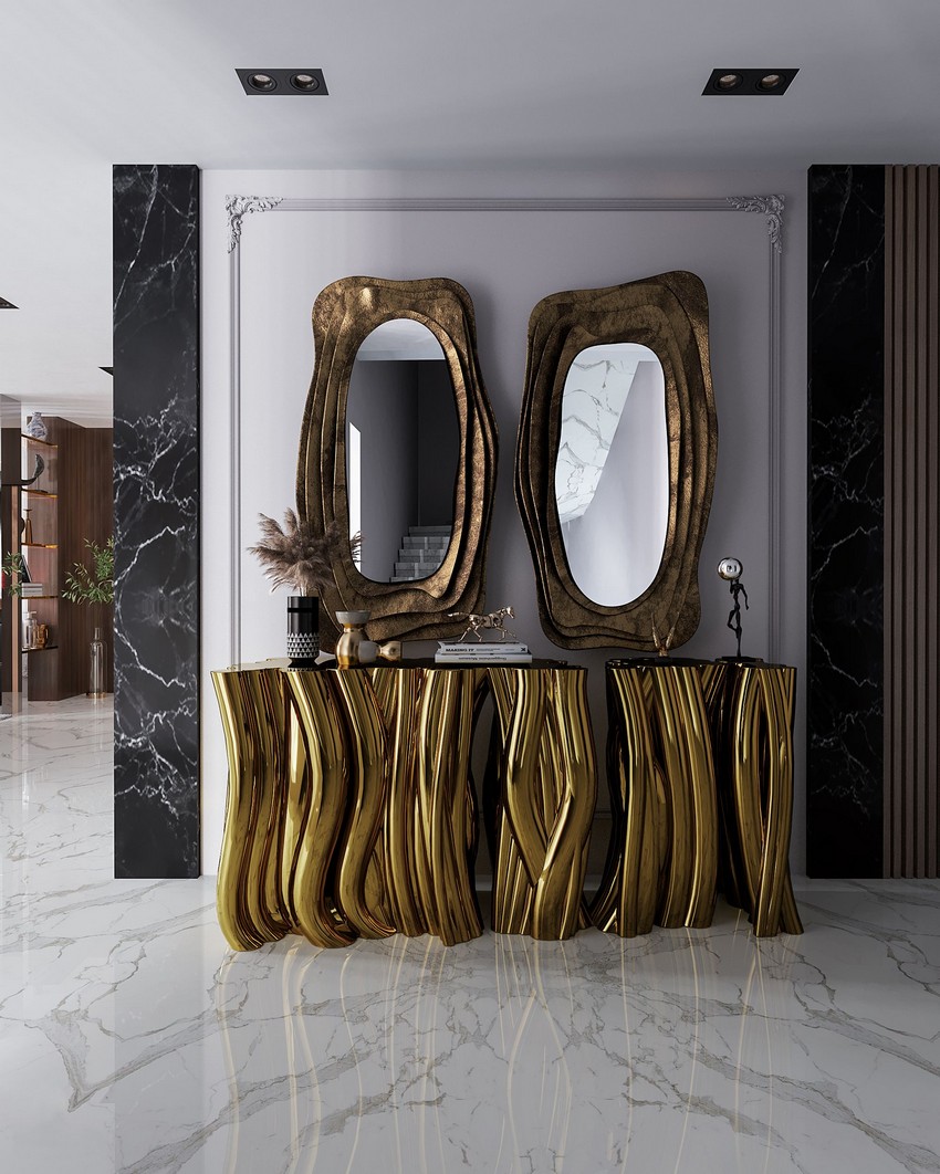 luxury entryway with golden console table and two big mirrors