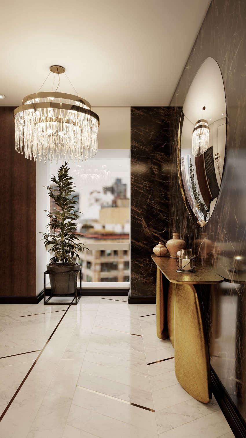 luxury entryway in golden tones and a chandelier