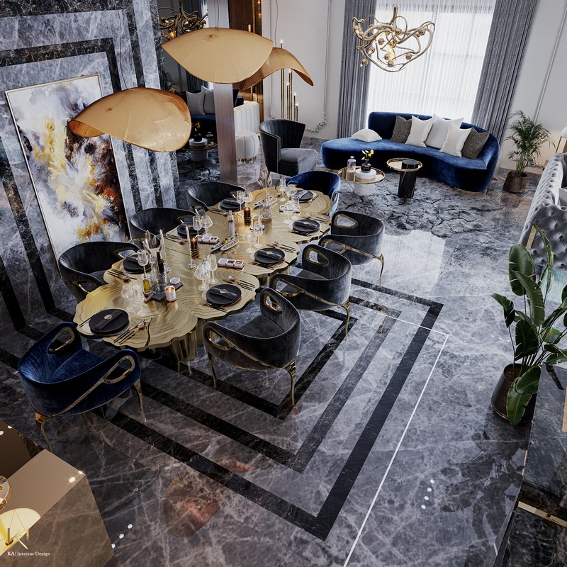 Luxury dining room with golden dining table