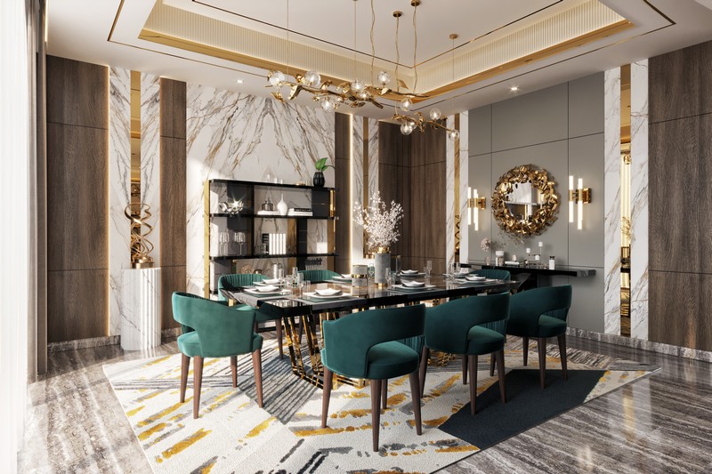 Contemporary dining room with green dining chairs and golden details