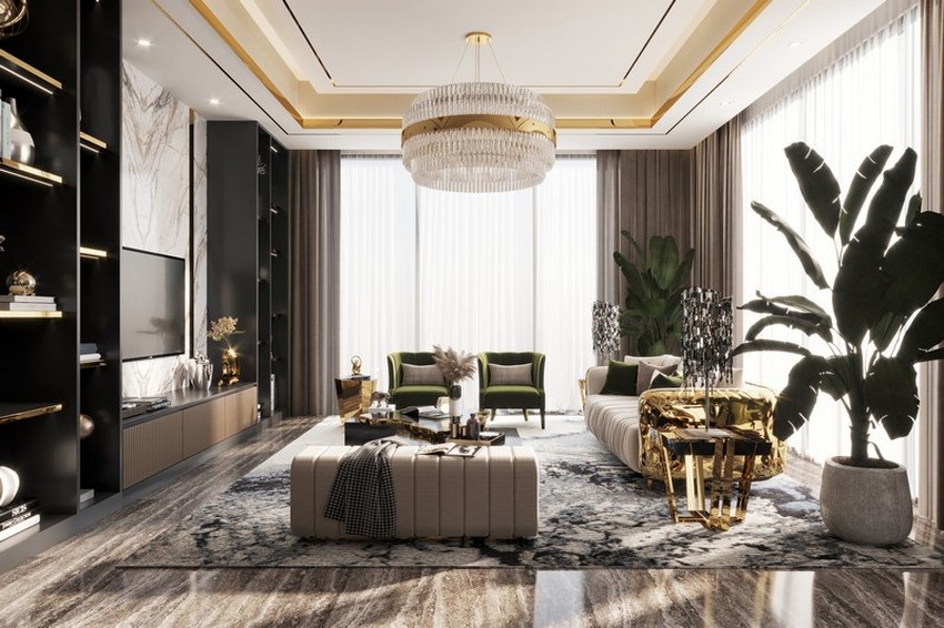 this fantastically decorated living room is quite exuberant in its details. Metals were the focal point for this room, where the matching golden stripes on the walls and ceiling mix in unison with the stripes of the furniture and lighting pieces. The contemporary vibe is noticeable not only by the decoration items but in the way the furniture was carefully curated for this area