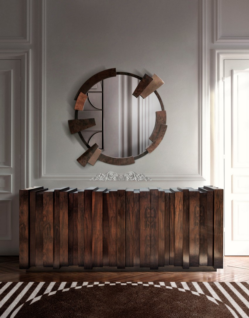 With a frame in glossy walnut root veneer, brass and copper, this round mirror will give a touch of strength and class to your modern interior design