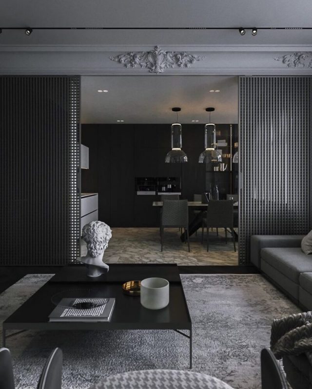 A massive gypsum cornice and black parquet layered at a 90° angle are ...