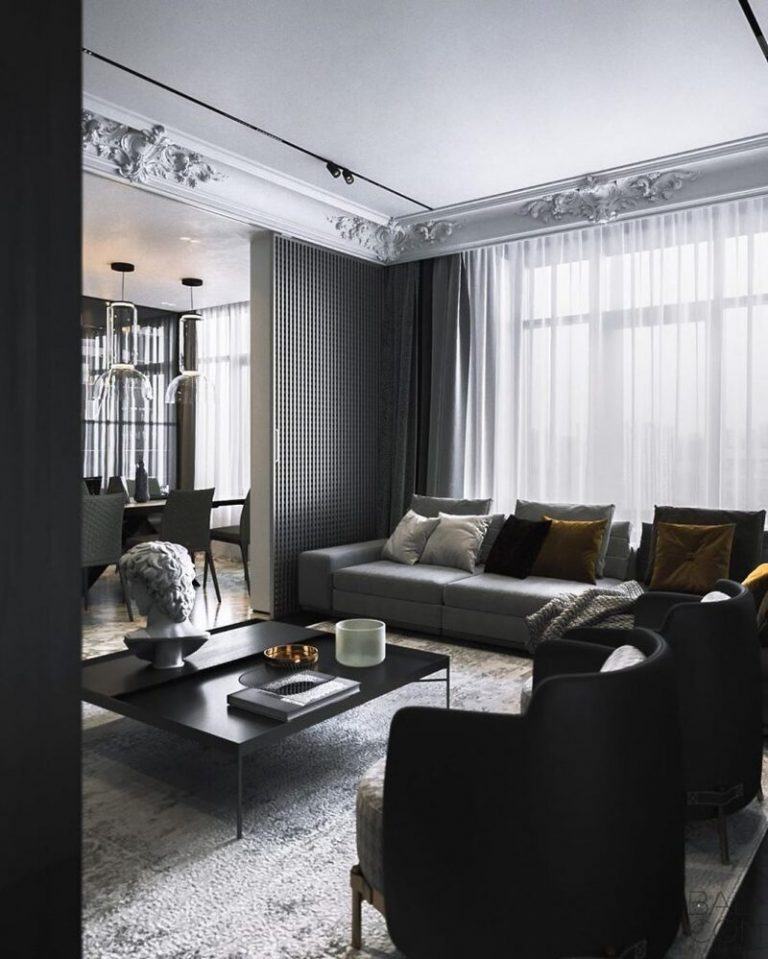 A massive gypsum cornice and black parquet layered at a 90° angle are ...