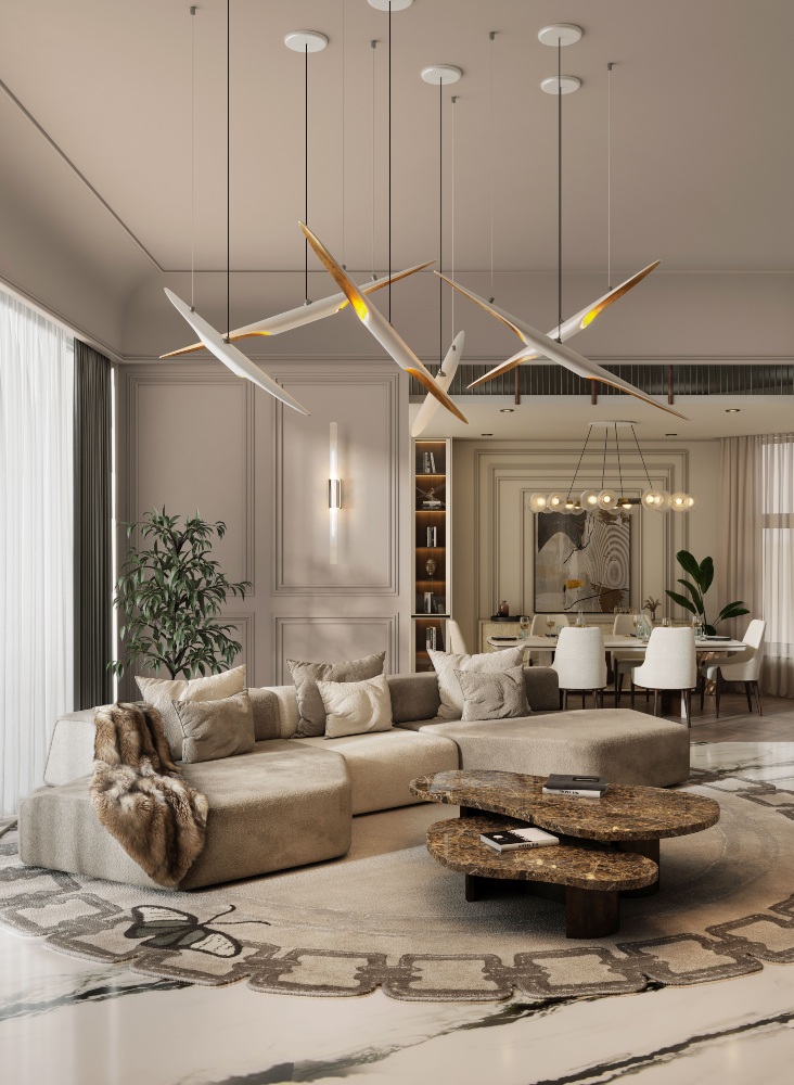 A LIVING ROOM IN WARM TONES WITH STATEMENT LIGHTING PIECES